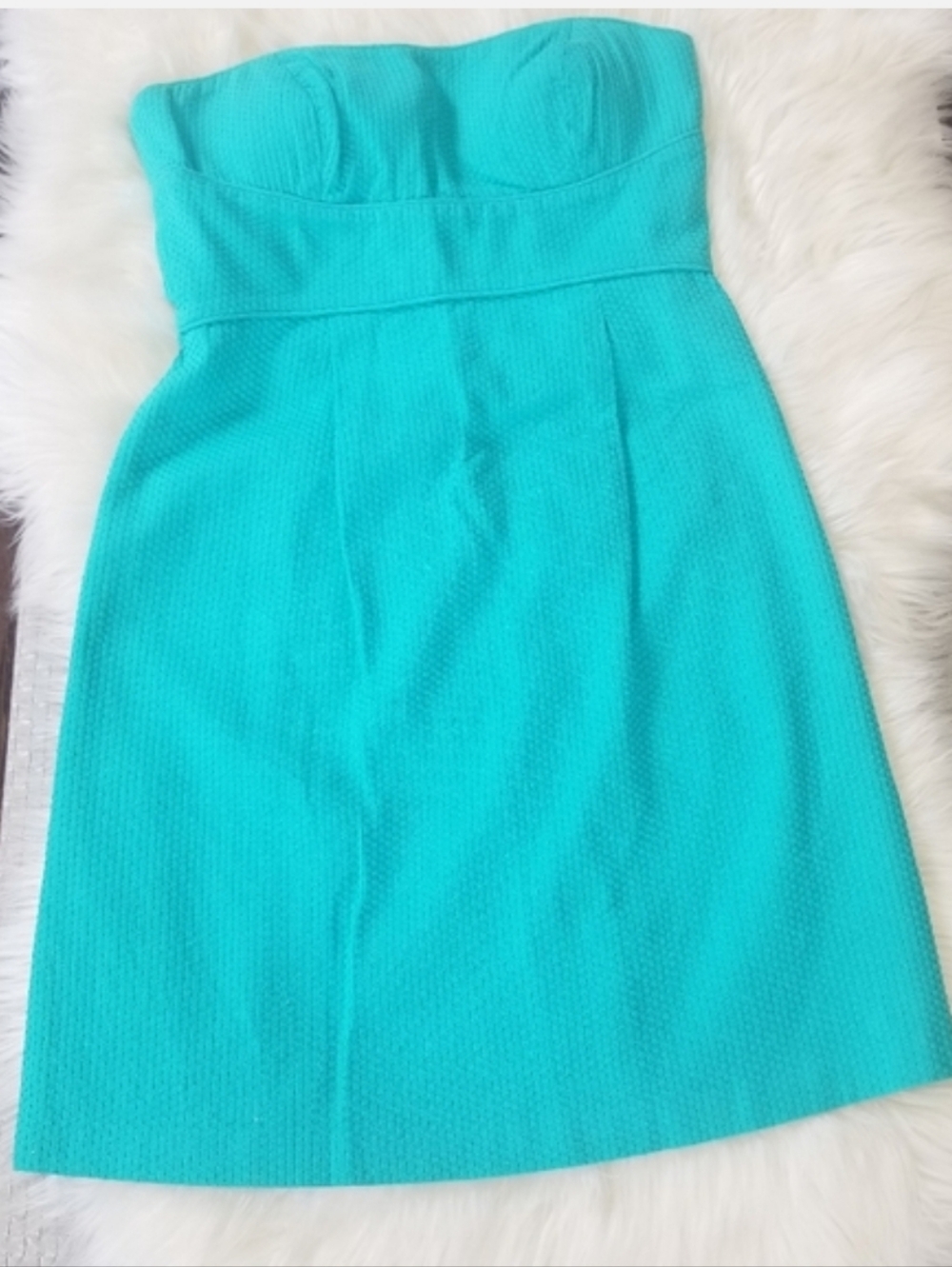 Max & Cleo Aqua 100% Cotton Strapless Cocktail Evening Dress Lined Zip Back Sz 8